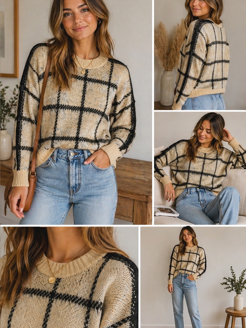 RD Style Window Pane Beige and Black Sweater